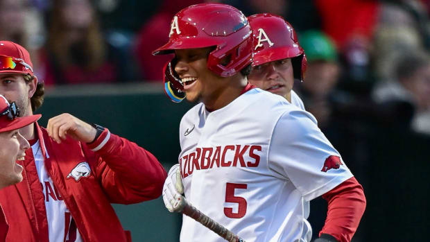 Arkansas Razorbacks Kendall Diggs celebrates another run
